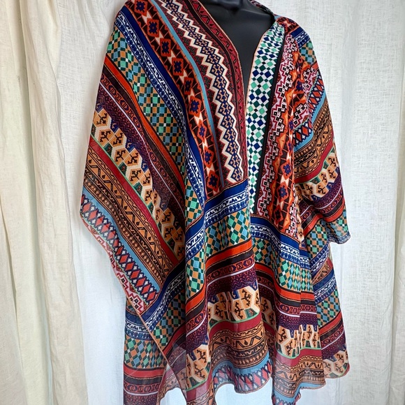 Live 4 Truth Multicolor Ethnic Boho Geometric Semi Sheer Poncho Festival - Picture 3 of 10
